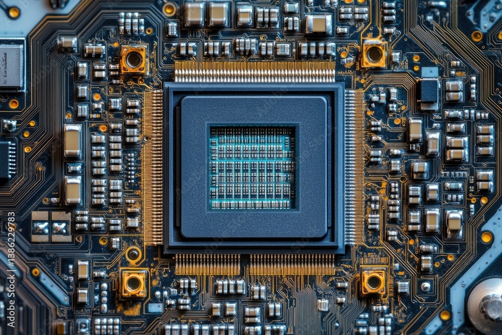 Leinwandbilder Close-up of a complex computer motherboard showcasing intricate circuitry, components, and the central processing unit (CPU).