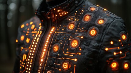 Futuristic glowing leather jacket detail.