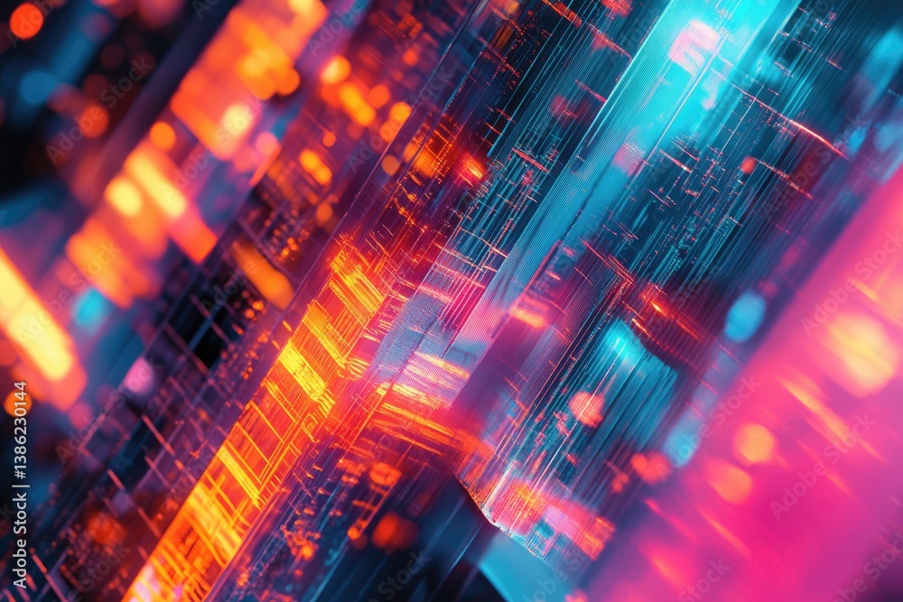 Leinwandbilder Abstract digital artwork with vibrant colors creating a futuristic and dynamic technological scene with layered geometric shapes.