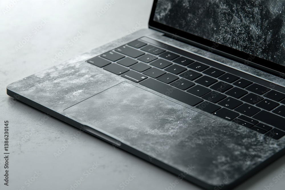 Aufkleber Laptop resting on a clean surface with a stylish black and gray aesthetic design while powered on, showcasing the screen display and keyboard layout during daylight