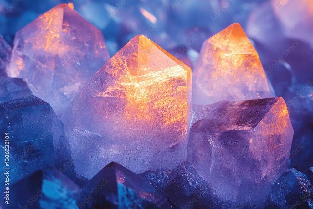 Aufkleber close-up shot of illuminated crystal formations with sharp edges in shades of purple, blue, and oran