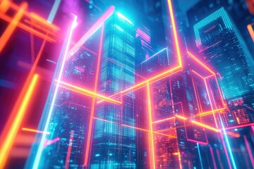 Fototapeta premium Futuristic cityscape with towering buildings outlined in vibrant neon lights, creating a surreal, high-tech atmosphere.