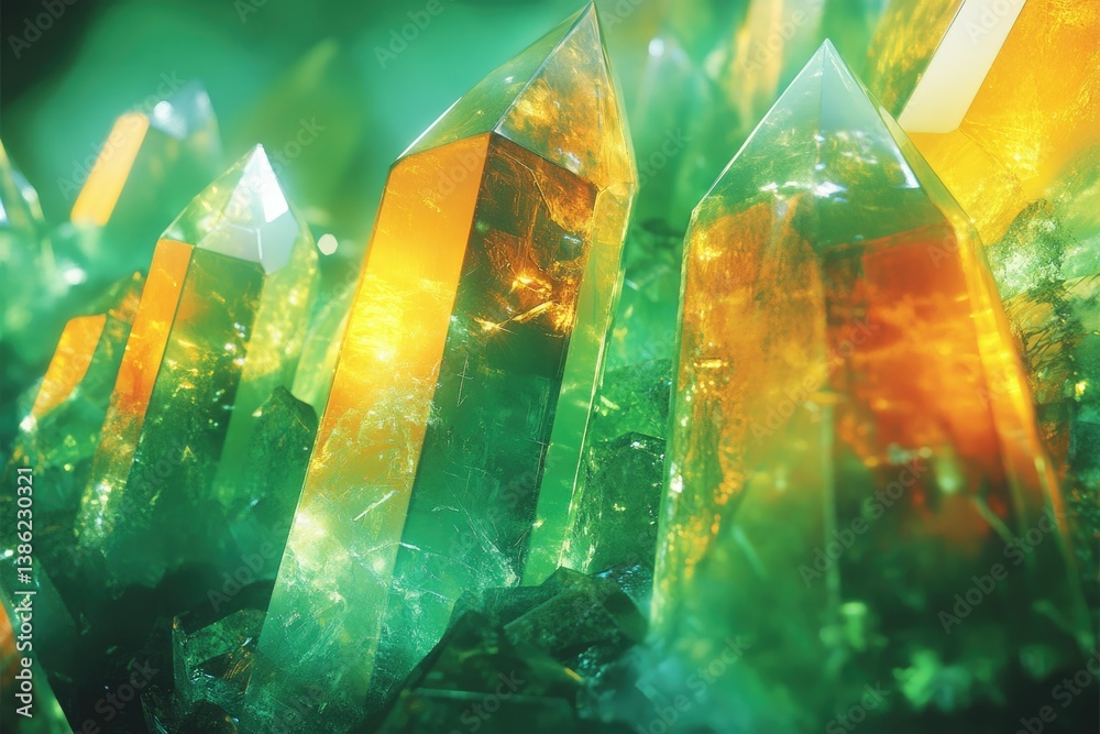 Poster luminous, green and golden crystal points cluster, gleaming in a soft, ethereal light, showcasing th