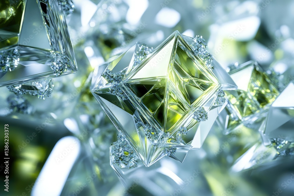 Aufkleber Close-up of crystalline structures with intricate patterns, reflecting light and suggesting precision and elegance with a subtle green hue.