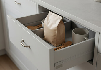 Organized kitchen drawer with coffee beans mug and wooden spoons inside