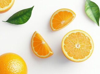 Obraz premium Fresh Cut Oranges and Green Leaves on White Background Still Life