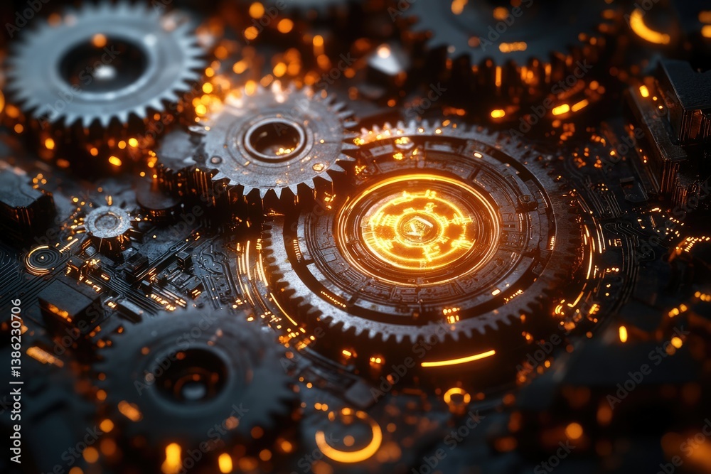 Fototapete a close-up of interconnected gears and illuminated circuits, symbolizing complex mechanisms and adva
