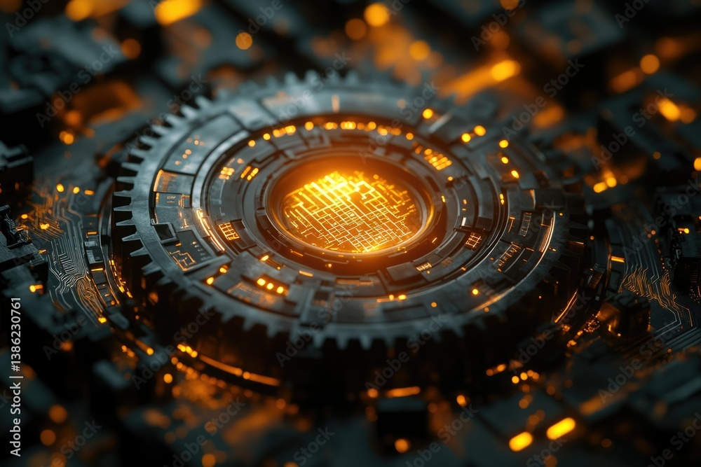 Leinwandbilder A close-up of a glowing, futuristic circular structure with intricate details, representing technology, innovation, and advanced engineering in a dark environment.