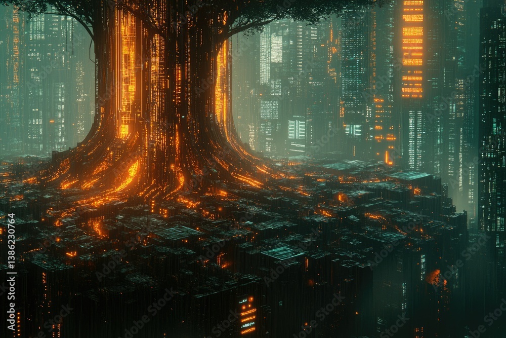 Poster a colossal, glowing tree trunk anchors a cyberpunk city, its roots intertwining with the futuristic 