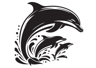 dolphin logo design vector silhouette illustration, dolphin logo icon silhouette, black silhouette of a dolphin jumping, a silhouette black and white dolphin on white background	