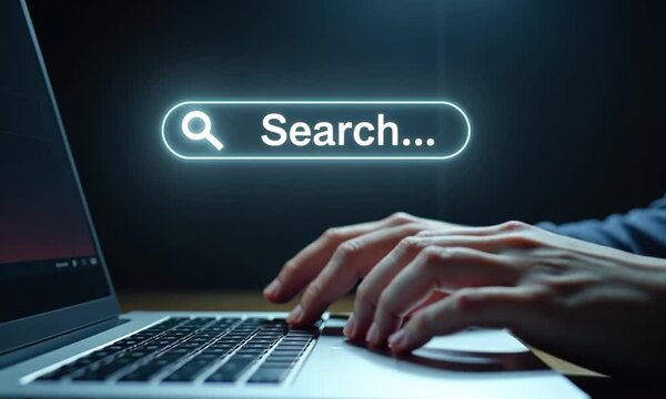 SEO search engine optimization concept, marketing ranking traffic website, internet technology for business company. Businessman using laptop with search bar on virtual screen