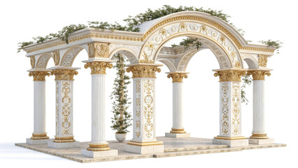 Fototapeta premium Antique arch with richly decorated snow-white columns with golden stucco isolated on white background, wedding mood, wedding venue for ceremony