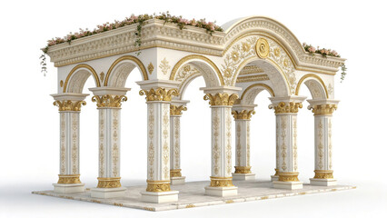 Obraz premium Antique arch with richly decorated snow-white columns with golden stucco isolated on white background, wedding mood, wedding venue for ceremony