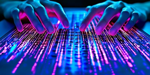 illuminated keyboard with digital glitch effect, Close-up of hands coding on a futuristic backlit keyboard