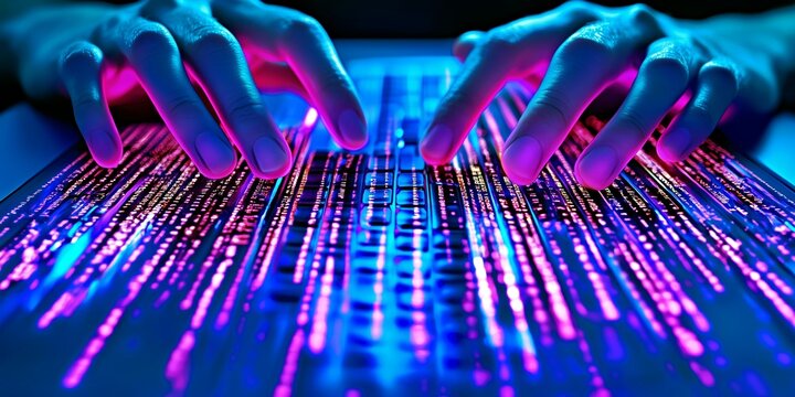 illuminated keyboard with digital glitch effect, Close-up of hands coding on a futuristic backlit keyboard 