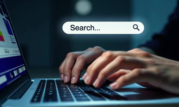 SEO search engine optimization concept, marketing ranking traffic website, internet technology for business company. Businessman using laptop with search bar on virtual screen