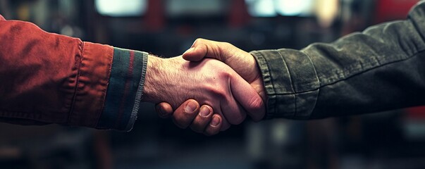 Two mechanics shaking hands in auto repair shop
