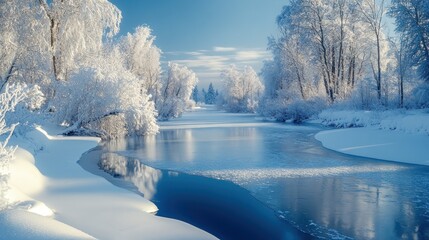 Winter Wonderland: Frozen River and Snow-Covered Trees