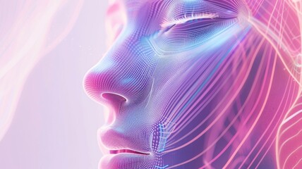 Futuristic digital face with neon light patterns for tech design