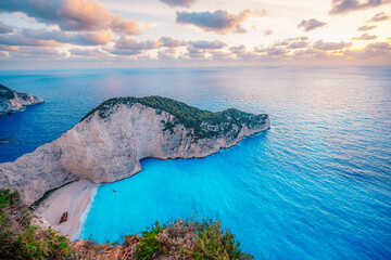 Zakynthos, Greece. Navagio Beach with wrecked ship in Ionian Sea. Beautiful views of azure sea...