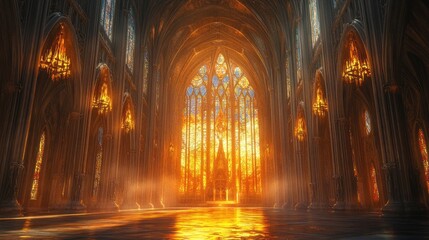 Fototapeta premium Golden Cathedral: A Sunset Symphony in Stone and Glass