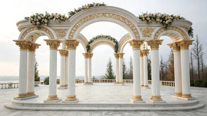 Naklejka premium Antique arch with richly decorated snow-white columns with golden stucco isolated on white background, wedding mood, wedding venue for ceremony