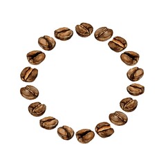 Watercolor illustration of coffee beans wreath frame. Realistic style. Suitable for packaging design, logos, posters, menus, advertising for coffee brands, and cafes