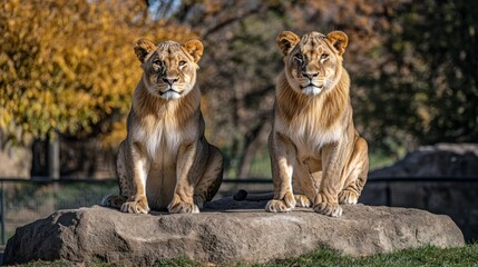 Obraz premium Two majestic lionesses seated on a rock, showcasing their regal presence against a backdrop of autumnal foliage