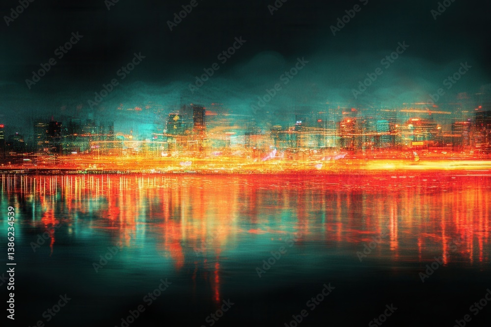 Poster night city skyline reflecting on water with vibrant lights and abstract patterns from moving vehicle
