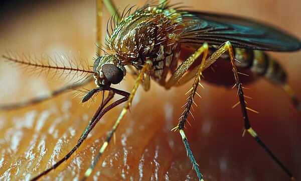 Close-up of a mosquito feeding on human skin, showcasing detailed anatomy and texture
