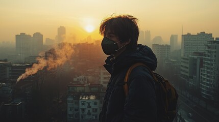 Man in mask on rooftop at sunrise, hazy city.
