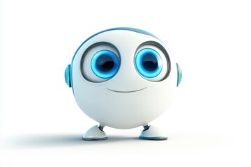 Friendly Smiling Robot Character with Big Eyes Standing on White Background
