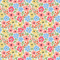 Cute floral background. Easter spring Floral pattern with small yellow, pink and blue flowers on a white background. Seamless pattern for design and fashion prints. Ditsy style. Stock vector