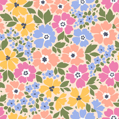 Beautiful floral pattern in small abstract flowers. Small pastel colorful flowers. White background. Ditsy print. Floral seamless background. Vintage template for fashion prints. Stock floral pattern