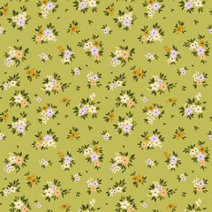 Cute floral background. Easter spring Floral pattern with small pastel flowers on yellow green background. Seamless pattern for design and fashion prints. Ditsy style. Stock vector illustration.
