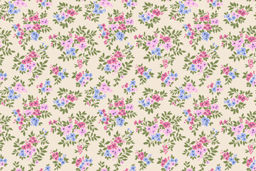 Vintage seamless floral pattern. Ditsy style background of small pink and blue flowers. Small blooming daisy flowers scattered over a white background. Stock Easter spring vector pattern.