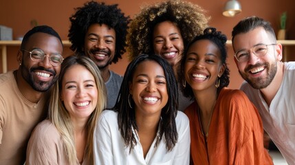 diverse and inclusive team of office colleagues, beaming with joy, team-building workshop