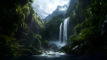 Fototapeta premium A majestic waterfall surrounded by high cliffs and a tranquil mountain stream, with lush vegetation growing along the water’s edge.