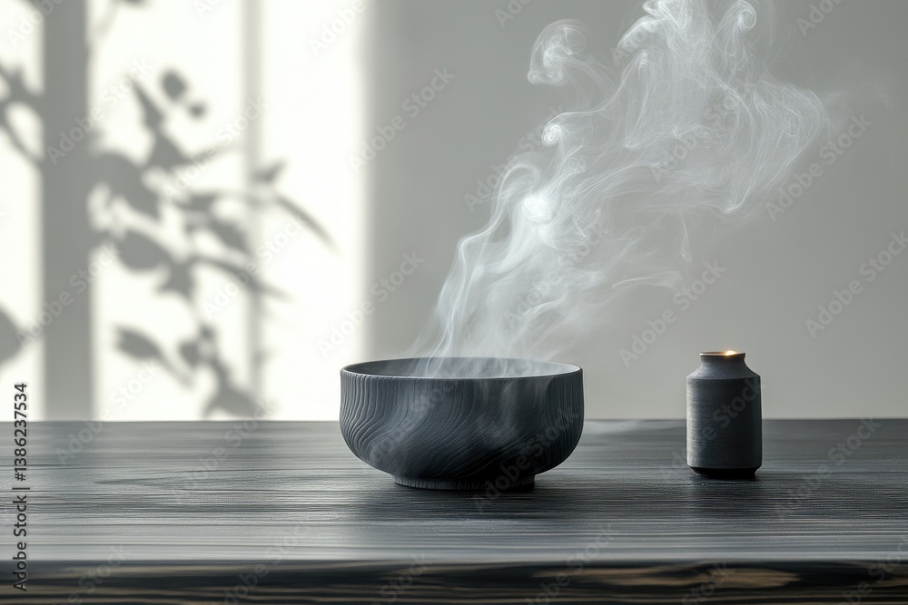 Poster steam rises gracefully from a dark, smooth bowl resting on a rustic wooden table in a softly lit roo