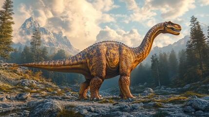 3D render illustration of a dinosaur in realistic and artistic rendering style for creative projects. --ar 16:9 --style raw --stylize 250 --v 6.1 Job ID: c6906eb8-715f-4731-b126-098428b2b9f7