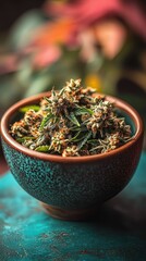 Fototapeta premium Close-up of Marijuana Buds in a Teal Bowl