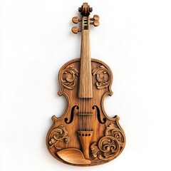 Obraz premium Detailed Wooden Violin Carving Hanging on a White Wall Decor Art