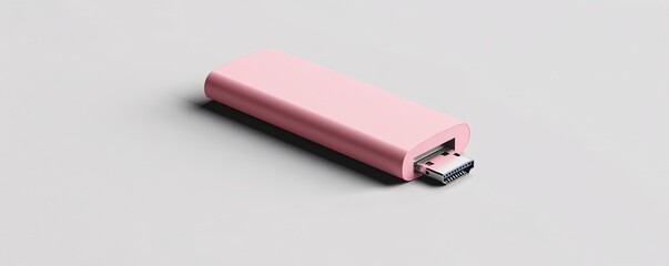 Pink hdmi dongle lying on neutral background