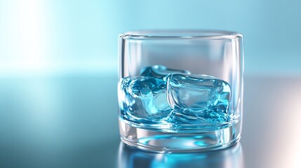 Glass of water with ice cubes on blue background