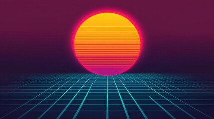 Vibrant Retro Y2K Themed Digital Illustration of Sunset and Grid