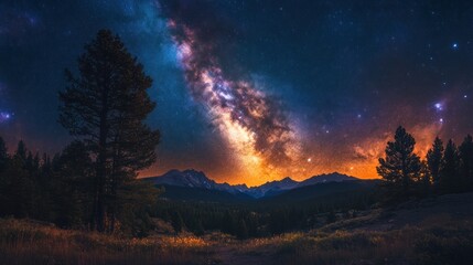 Fototapeta premium Majestic Milky Way Galaxy over Mountain Range at Night