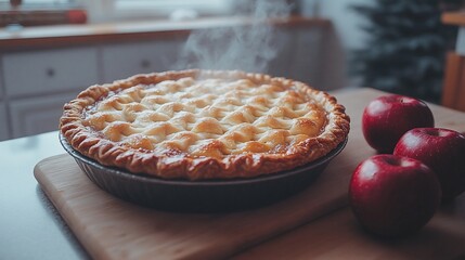 Steaming hot apple pie on wooden board with apples.