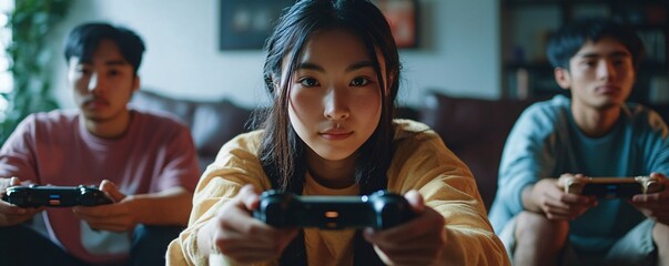 Group of friends playing video games at home