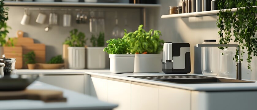 A modern kitchen scene featuring vibrant herbs in pots, sleek appliances, and a clean aesthetic. Ideal for promoting culinary creativity and healthy living.