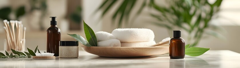 A serene setup featuring natural beauty products, including candles, essential oils, and soothing stones, promoting relaxation and wellness in a calming environment.